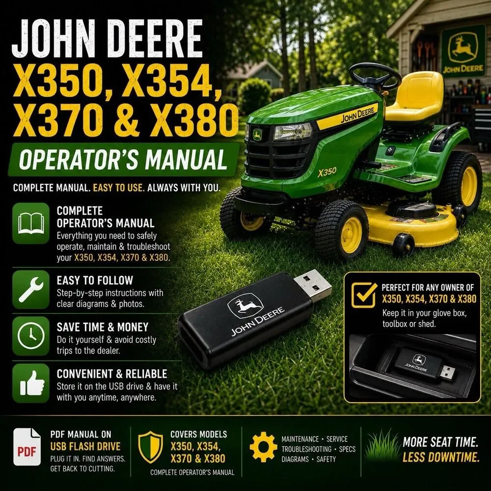 John Deere X350, X354, X370, X380 Owners Manual PDF USB flash Drive